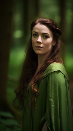 Portrait of young beautiful woman in green dress in the forest.の素材