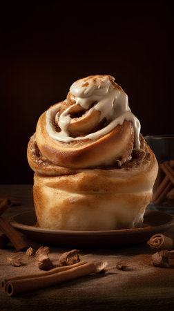 Cinnamon rolls with whipped cream and cinnamon sticks on a dark backgroundの素材