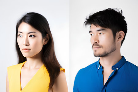 Portrait of a young Asian man and woman with different facial expressionsの素材