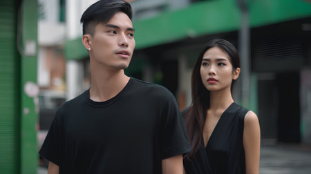 Portrait of a beautiful asian couple in black t-shirt.の素材