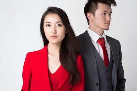 Portrait of a young asian business couple standing against white backgroundの素材