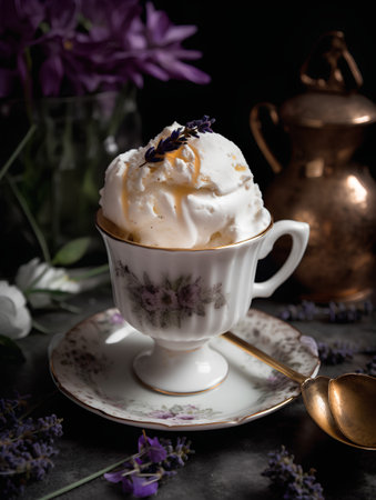 Cup of coffee with ice cream and lavender flowers on dark backgroundの素材