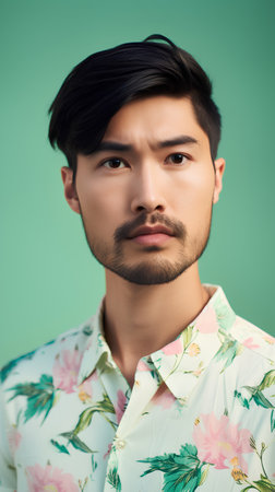 young asian man in floral shirt looking at camera isolated on greenの素材