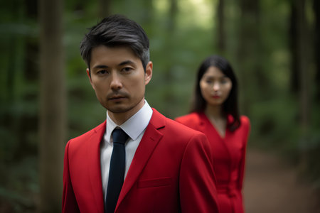 Young asian business man and woman in red suit standing together in the forestの素材