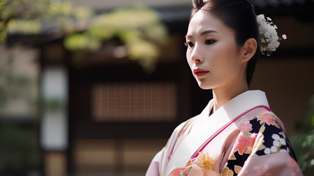Beautiful asian woman in kimono with flower in hairの素材