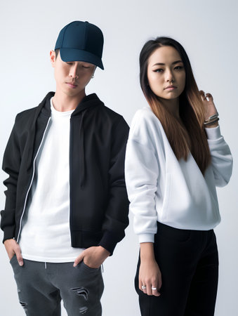 Portrait of a young asian couple in casual clothes on white backgroundの素材