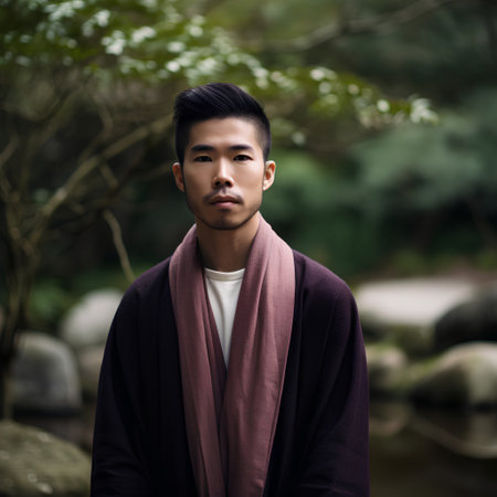 Portrait of a young Asian man in a Japanese garden, wearing a coatの素材