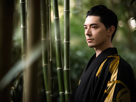 Portrait of a young man in traditional japanese kimonoの素材