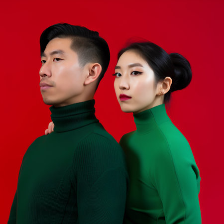 portrait of asian couple in green sweater isolated on red backgroundの素材