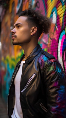 Portrait of a handsome young man with afro hairstyle, wearing a leather jacket, standing in front of a graffiti wall.の素材