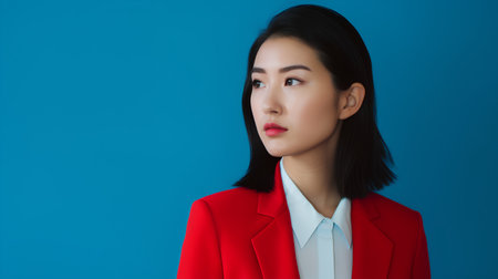 Portrait of young asian woman in red suit on blue backgroundの素材