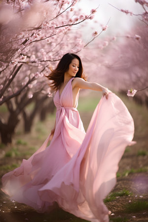 Beautiful young woman in pink dress walking in blooming garden.の素材