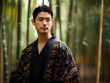 Portrait of a handsome asian man wearing a kimonoの素材