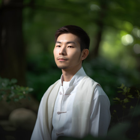 Japanese man in traditional costume in a Japanese garden (3d render)の素材