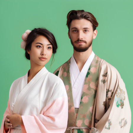 Portrait of young couple in kimono, isolated on green backgroundの素材
