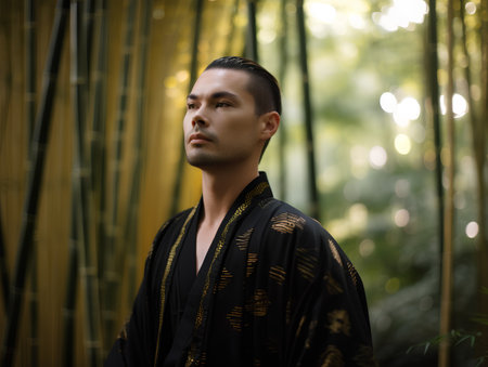 Handsome man in kimono in the bamboo groveの素材