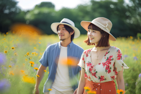Happy asian couple walking in the yellow flower field in summer seasonの素材