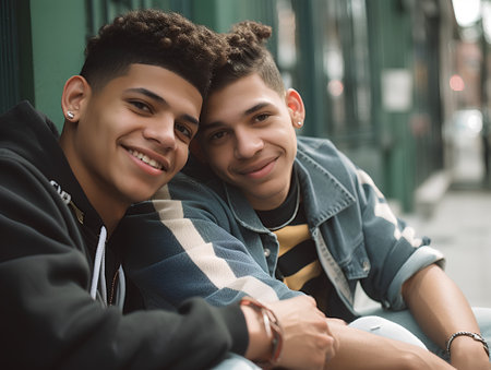 Portrait of two young men sitting on a bench in the cityの素材