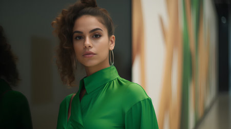 Portrait of beautiful young woman in green dress. Fashion photo.の素材