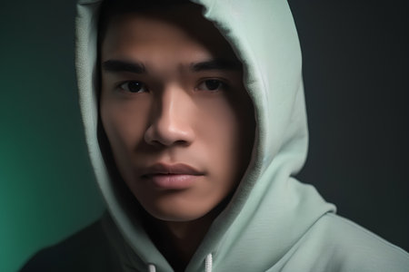 Portrait of a young Asian man in a green hooded sweatshirtの素材