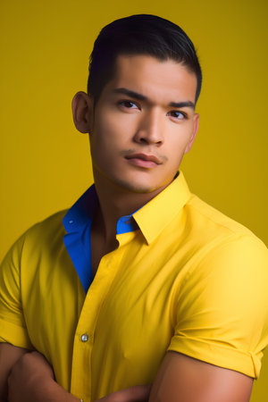 Portrait of young handsome asian man in yellow shirt on yellow backgroundの素材