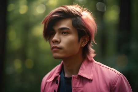 Portrait of a handsome asian man in a pink jacket.の素材