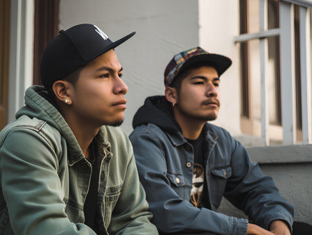 Portrait of two young men sitting on a bench in the streetの素材