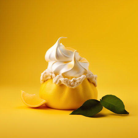 Pomelo with whipped cream and orange on a yellow background.の素材