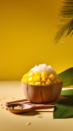 Mango sticky rice with coconut in wooden bowl on yellow background.の素材
