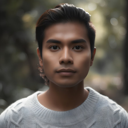 Portrait of a young asian man looking at camera in the parkの素材