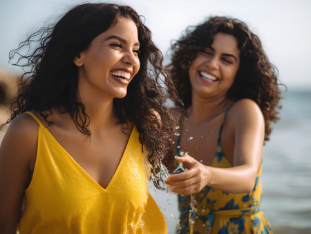Beautiful girls having fun on the beach. Beautiful young women smiling and having fun on the beach.の素材