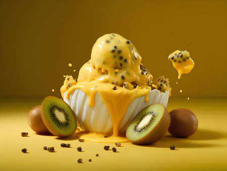 Fruit ice cream with kiwi and passion fruit on yellow backgroundの素材