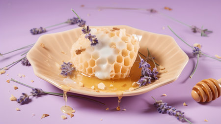 Honeycomb with honey and lavender flowers on a purple backgroundの素材