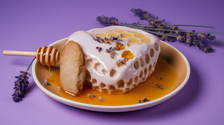 Cake in the form of a heart with honey and lavender on a purple backgroundの素材