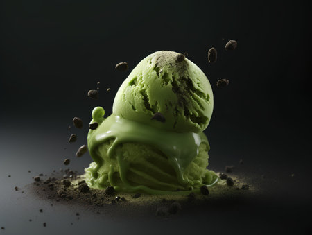 Green tea ice cream with splashes on black background, closeupの素材