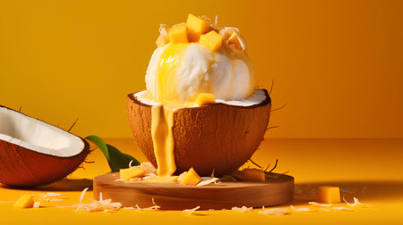 Coconut ice cream with mango on wooden board on orange backgroundの素材