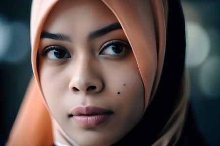 Portrait of a beautiful young muslim woman with hijab looking at cameraの素材
