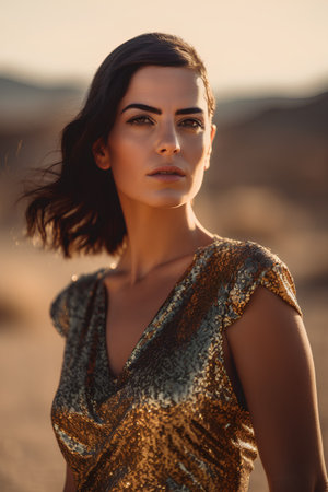 Fashion portrait of young beautiful woman in a golden dress on the desertの素材