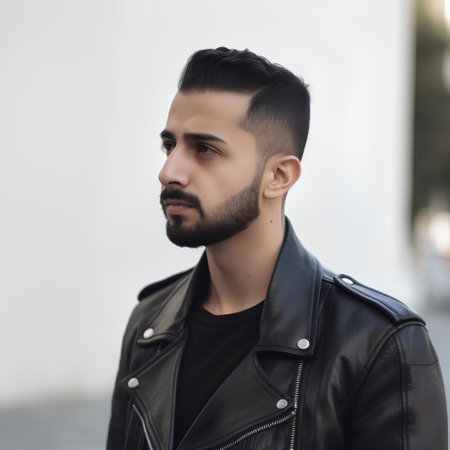 Portrait of a handsome young man in black leather jacket outdoors.の素材