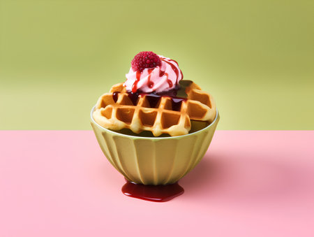 Waffles with ice cream in a green bowl on a pink and yellow backgroundの素材