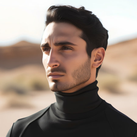 handsome young man in wetsuit looking away while standing in desertの素材