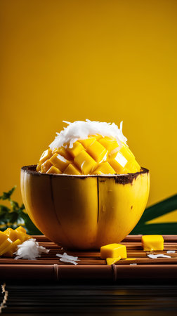 Mango ice cream in a coconut bowl on a yellow background.の素材