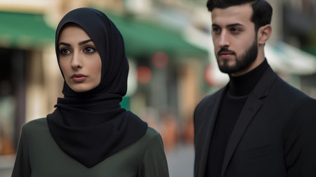 Portrait of a young muslim businesswoman wearing hijab and man standing in the backgroundの素材