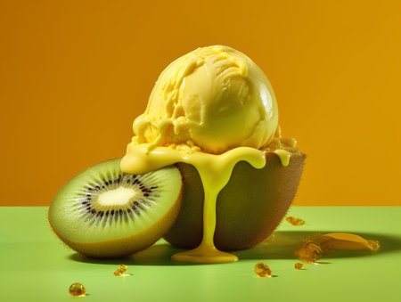 Kiwi ice cream with kiwi fruit on a yellow backgroundの素材