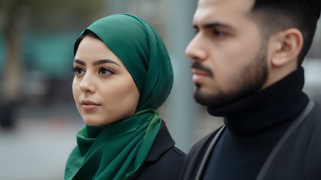 Portrait of a young muslim couple looking at each other.の素材