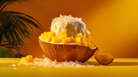 Mango ice cream in a coconut shell on a yellow background.の素材
