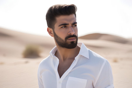 Portrait of a handsome young man in white shirt in the desertの素材