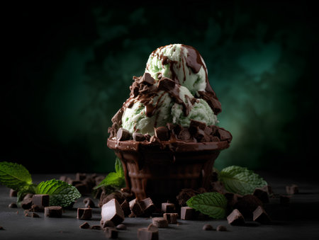 Chocolate ice cream with mint and chocolate chips on a dark backgroundの素材