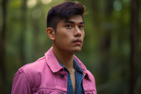 Portrait of a handsome young Asian man standing in the forest.の素材