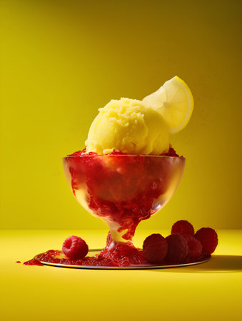 Scoops of ice cream with raspberries and lemon on yellow backgroundの素材